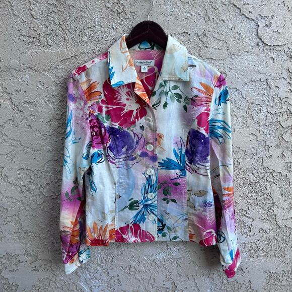 Coldwater Creek Floral Linen Blend Jacket Colorful Size 8 - Picture 1 of 5